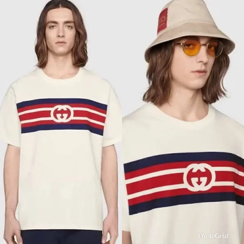 GUCCI AUTHENTIC INTERLOCKING G STRIPE PRINT T-SHIRT